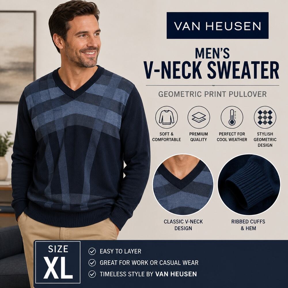 Van Heusen Mens V Neck Sweater Knit Geometric Navy Blue Gray Pullover XL